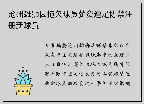 沧州雄狮因拖欠球员薪资遭足协禁注册新球员 沧州雄狮因拖欠球员薪资遭足协禁注册新球员
