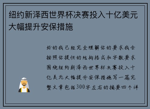 纽约新泽西世界杯决赛投入十亿美元大幅提升安保措施 纽约新泽西世界杯决赛投入十亿美元大幅提升安保措施